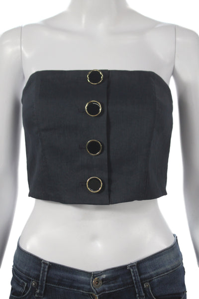 Veronica Beard Women Cropped Linen Off Shoulder Tank Black Zip Size 0