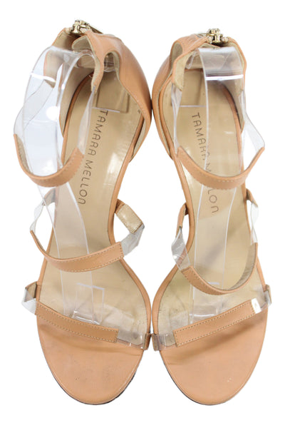Tamara Mellon Womens Back Zip Stiletto PVC Trim Ankle Strap Sandals Brown 37