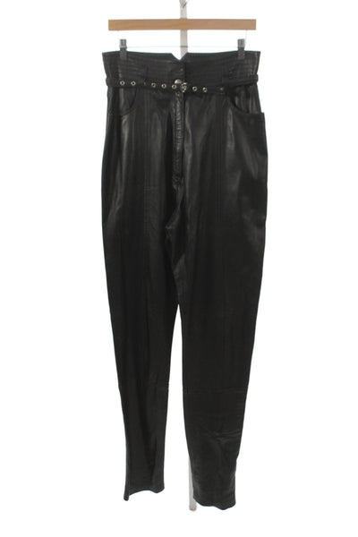 Designer Women Black Leather Paperbag Pants Biker Zip Inseam 36 Size 6