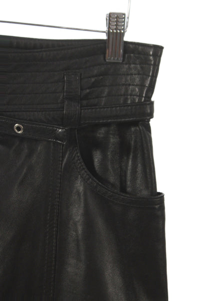 Designer Women Black Leather Paperbag Pants Biker Zip Inseam 36 Size 6