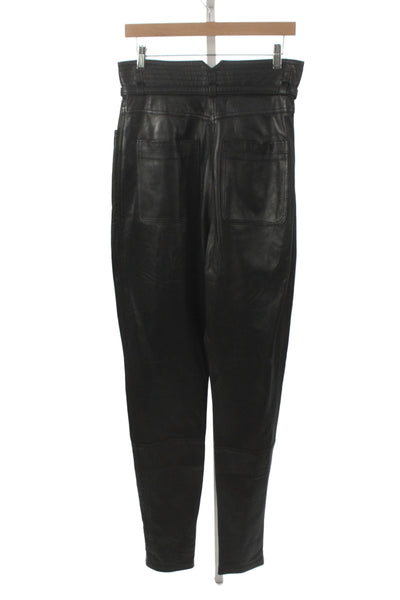 Designer Women Black Leather Paperbag Pants Biker Zip Inseam 36 Size 6