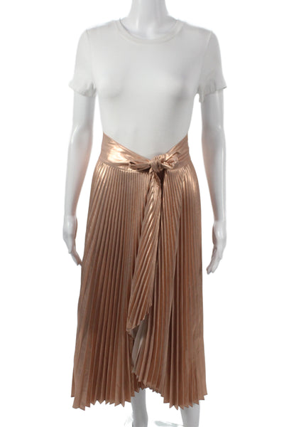 ALC Women Gold Metallic Pleated Midi Skirt Polyester Button Size 6