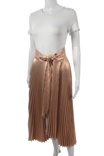 ALC Women Gold Metallic Pleated Midi Skirt Polyester Button Size 6