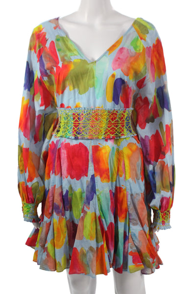 Rhode Women Fit & Flare Dress Multicolor Floral V-Neck Long Sleeve Zip Size S