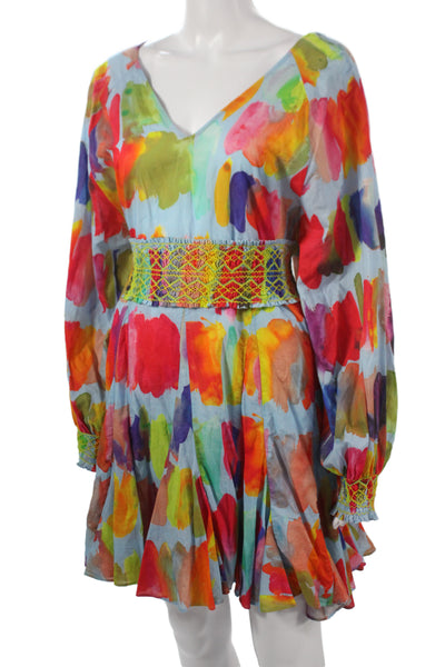 Rhode Women Fit & Flare Dress Multicolor Floral V-Neck Long Sleeve Zip Size S