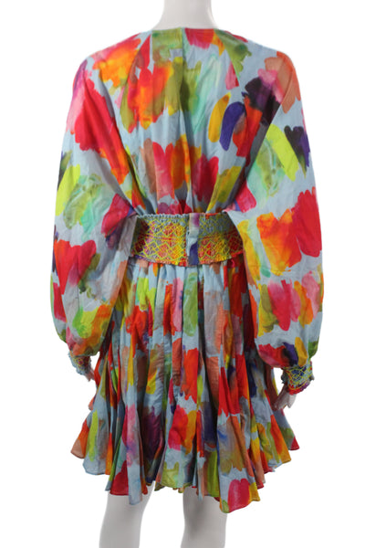 Rhode Women Fit & Flare Dress Multicolor Floral V-Neck Long Sleeve Zip Size S