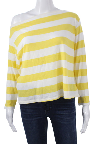 Enza Costa Women Yellow Cotton Off Shoulder Striped Long Sleeve T-Shirt Size S