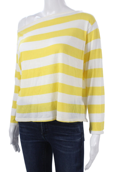 Enza Costa Women Yellow Cotton Off Shoulder Striped Long Sleeve T-Shirt Size S
