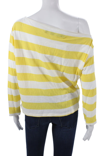 Enza Costa Women Yellow Cotton Off Shoulder Striped Long Sleeve T-Shirt Size S