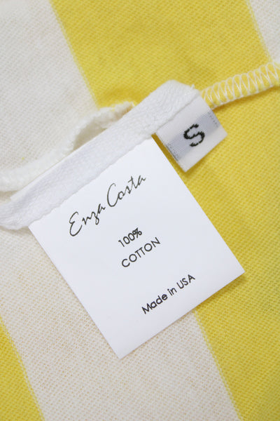Enza Costa Women Yellow Cotton Off Shoulder Striped Long Sleeve T-Shirt Size S