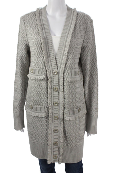 St. John Women Cardigan Gray Wool V-Neck Long Sleeve Size L