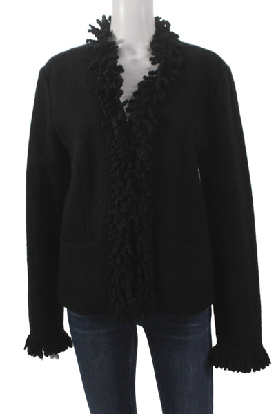 Talbots Women Classic Black Wool V Neck Snap Cardigan Long Sleeve Size L