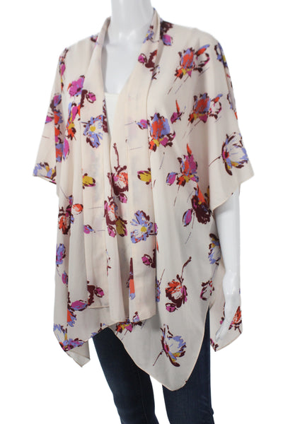 Tahari Women Ivory Floral V-Neck Cardigan Short Sleeve Polyester Size One Size