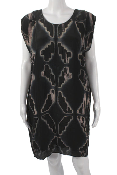 Laura Siegel Women Silk Black Batik Sleeveless Shift Dress Bohemian Size L