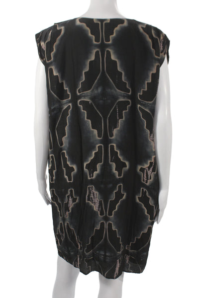 Laura Siegel Women Silk Black Batik Sleeveless Shift Dress Bohemian Size L