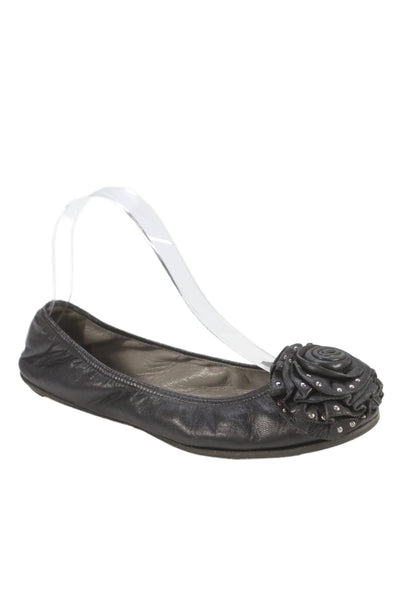 Valentino Womens Leather Floral Detail Flats Black Size 37 7