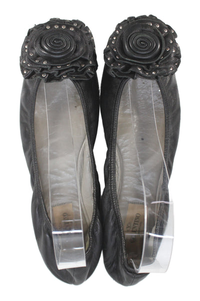 Valentino Womens Leather Floral Detail Flats Black Size 37 7