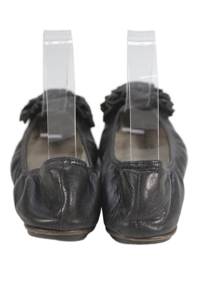 Valentino Womens Leather Floral Detail Flats Black Size 37 7