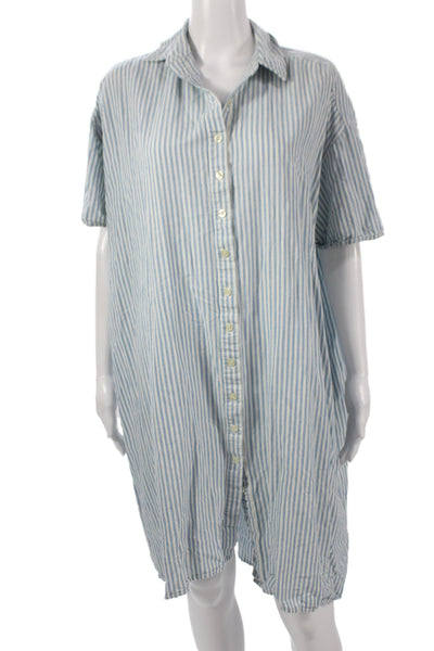 The Great Women Blue Striped Cotton Collared Shirt Dress Short Sleeve Size 1
