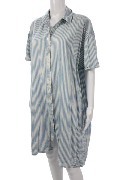 The Great Women Blue Striped Cotton Collared Shirt Dress Short Sleeve Size 1