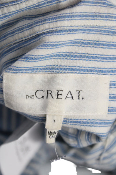 The Great Women Blue Striped Cotton Collared Shirt Dress Short Sleeve Size 1