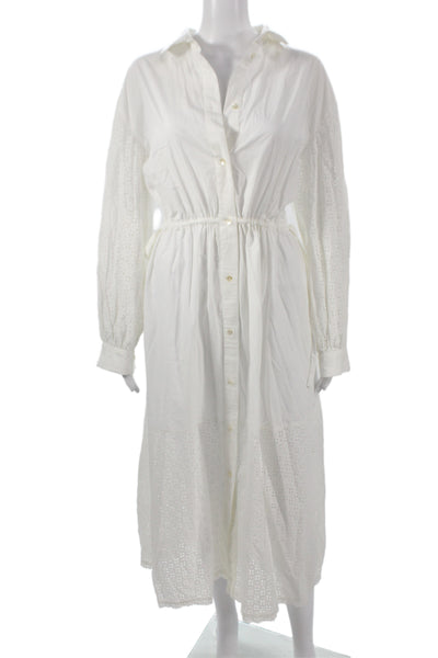 Skall Women White Cotton Shirt Dress Long Sleeve Collared Button Midi Size 36