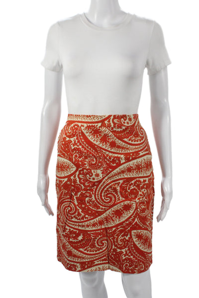 J Crew Womens Orange Paisley Straight Pencil Skirt Cotton Size 4