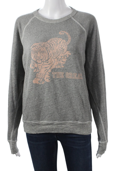 The Great Womens Pullover Gray Cotton Crew Neck Long Sleeve Tiger Size 1