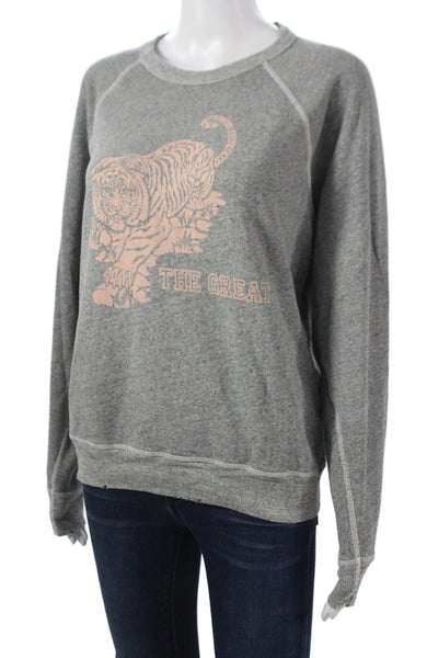 The Great Womens Pullover Gray Cotton Crew Neck Long Sleeve Tiger Size 1