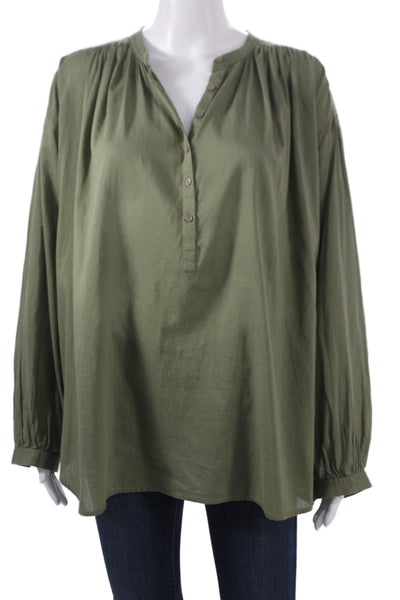 Nili Lotan Womens Green Cotton Henley Tunic Blouse Button Long Sleeve Size M