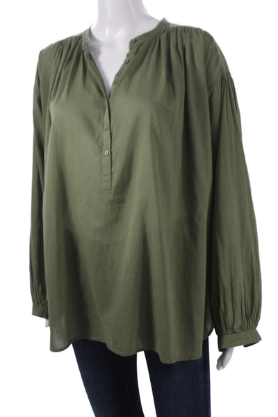 Nili Lotan Womens Green Cotton Henley Tunic Blouse Button Long Sleeve Size M