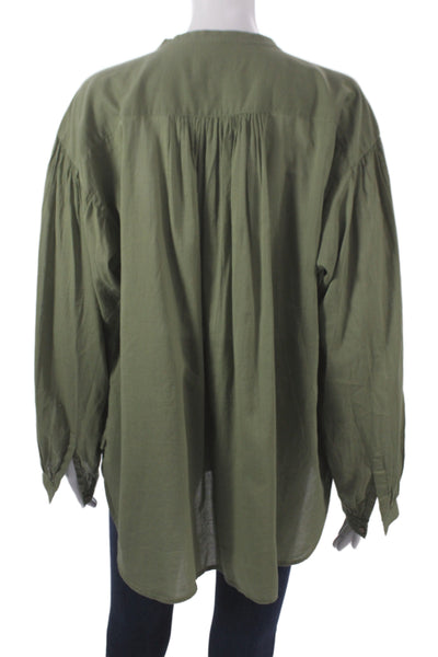 Nili Lotan Womens Green Cotton Henley Tunic Blouse Button Long Sleeve Size M