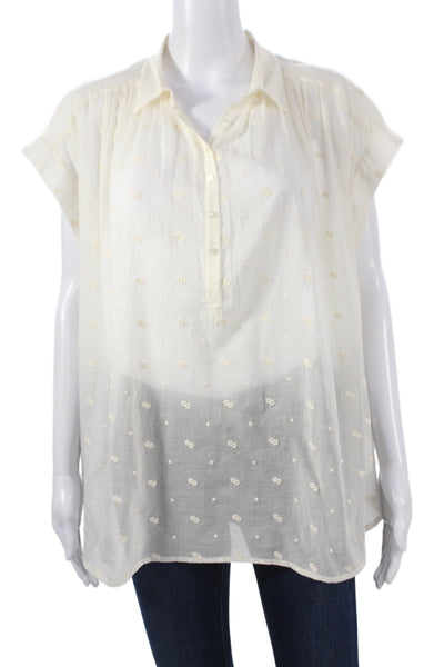 Nili Lotan Women Tunic Blouse Ivory Cotton Polka Dot Short Sleeve Size M