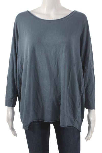Labo.Art Womens Linen Scoop Neck 3/4 Sleeve Basic T-Shirt Blue Size 3