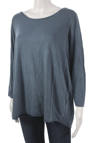 Labo.Art Womens Linen Scoop Neck 3/4 Sleeve Basic T-Shirt Blue Size 3