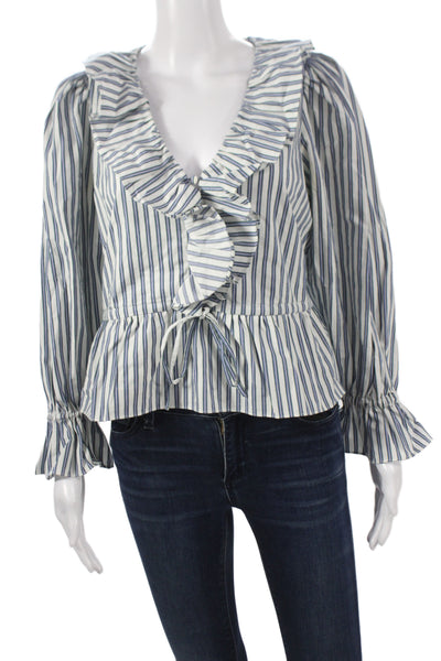 Hunter Bell Womens Peplum Blouse White Striped VNeck Tie Longsleeve Size XS