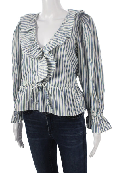 Hunter Bell Womens Peplum Blouse White Striped VNeck Tie Longsleeve Size XS