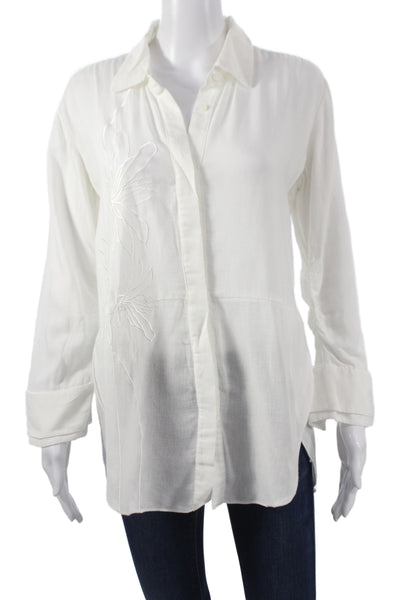 Halston Women Tunic Button Up Cotton Collared Long Sleeve White Size 2