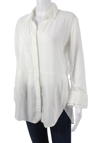 Halston Women Tunic Button Up Cotton Collared Long Sleeve White Size 2