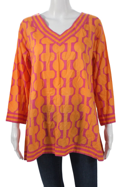 Gretchen Scott Designs Women Tunic Blouse Orange Geometric V-Neck 3/4 Size L