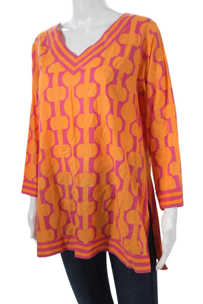 Gretchen Scott Designs Women Tunic Blouse Orange Geometric V-Neck 3/4 Size L