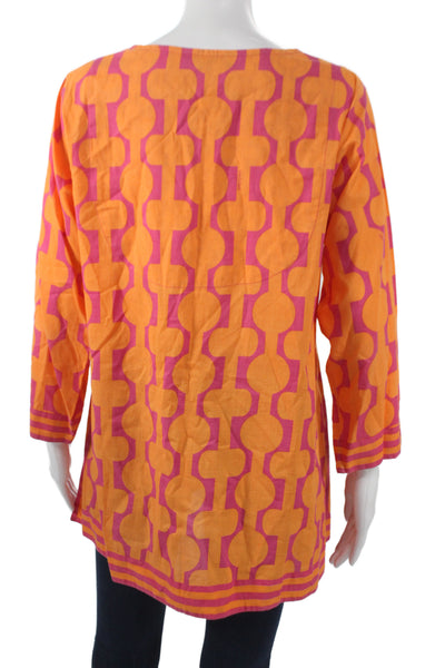 Gretchen Scott Designs Women Tunic Blouse Orange Geometric V-Neck 3/4 Size L