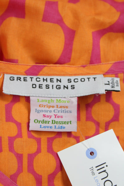 Gretchen Scott Designs Women Tunic Blouse Orange Geometric V-Neck 3/4 Size L