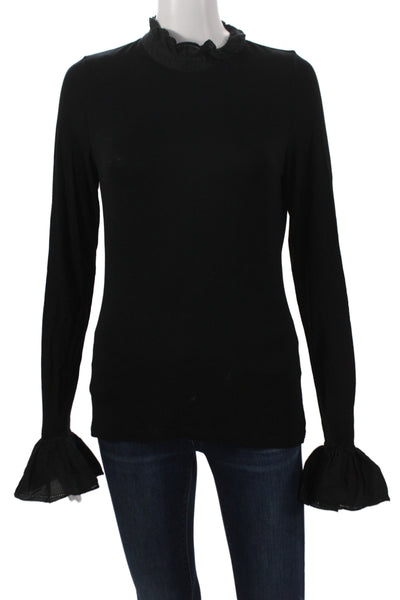 Me + Em Women Black Jersey Blouse High Neck Long Sleeve Zip Victorian Size 4