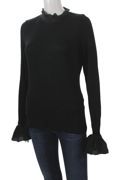 Me + Em Women Black Jersey Blouse High Neck Long Sleeve Zip Victorian Size 4