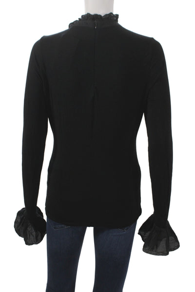 Me + Em Women Black Jersey Blouse High Neck Long Sleeve Zip Victorian Size 4