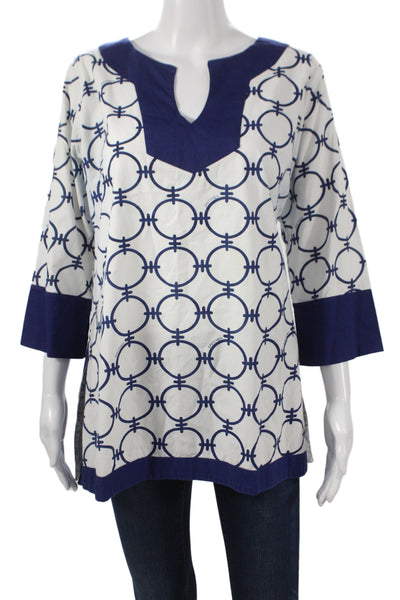 Gretchen Scott Designs Women Tunic V-Neck Blue Geometric 3/4 Sleeve Size L