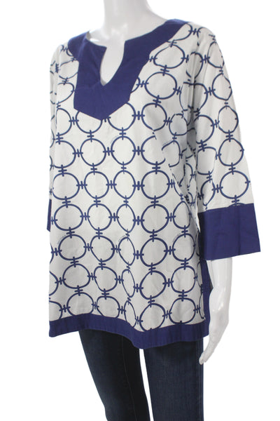 Gretchen Scott Designs Women Tunic V-Neck Blue Geometric 3/4 Sleeve Size L