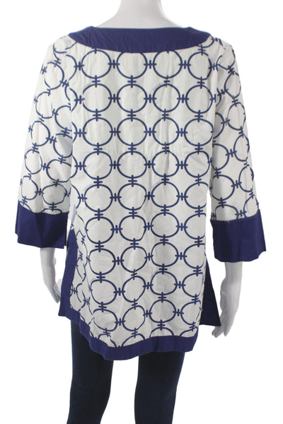Gretchen Scott Designs Women Tunic V-Neck Blue Geometric 3/4 Sleeve Size L