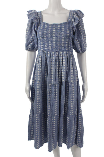 Sofie Schnoor Women Sundress Blue Cotton Square Neck Short Sleeve Size L